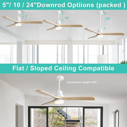 Sofucor Ceiling Fan with Lights, 52 Inch Modern Wood White Ceiling Fan with Remote for Indoor Farmhouse Bedroom Living Room Outdoor Patio Porch, Reversible DC Motor, 3 Blades, Noiseless