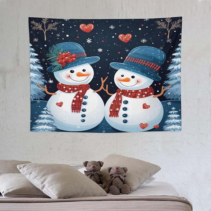 MaSiledy Tapestries Snowman Couple Tapestry Vintage Christmas Cute Snowman Tapestries for Bedroom Wall Art for Bedroom Living Room Decor Home Decor 30"x40" Xmas Wall Hanging Polyester Tapestries