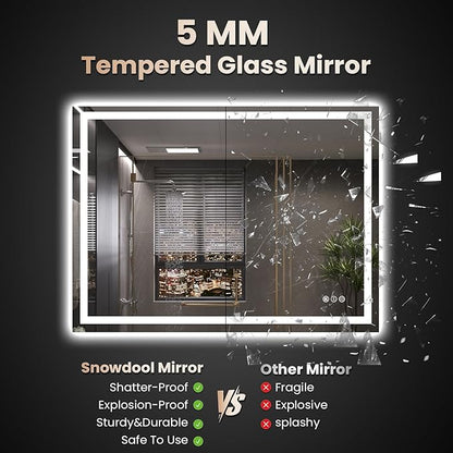48"X32" LED Bathroom Mirror with Front Lights and Backlit, Anti-Fog, Dimmable, Shatter-Proof Tempered Glass, Lighted Bathroom Vanity Mirror for Wall with 3 Colors, Memory Function