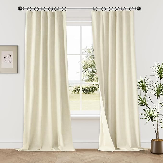 KangBang Extra Long Blackout Linen Ceiling Curtains 108 Inches Long, Sun Blocking Linen Curtains in Soft Cream Ivory, Noise Reducing Black Out Drapes for Large Window Track System,52x108 Inch,2PCs