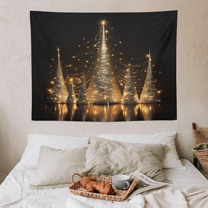 Tapestry As Wall Art Silver Lighted Christmas Trees Tapestry Vintage Christmas Tapestry for Bedroom Aesthetic Wall Art Decor for Bedroom Living Room Dorm 30"x40" Christmas Family Party