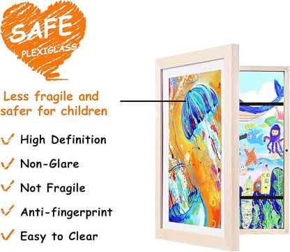 KINLINK 10x12.5 Kids Art Frames Set of 2, Solid Wood Kids Artwork Frames Changeable with Acrylic Front Opening Holds 150 Pictures, Art Frame for Kids Artwork with Mat or without Mat, Natural