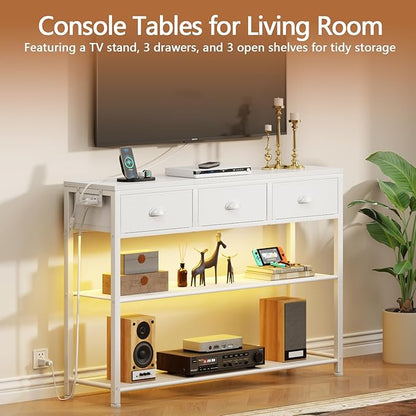 Furologee 38in Console Table with 3 Drawers, Small Sofa Table with Lights and Power Outlets, Hallway Tables with 3-Tier Shelves, White Narrow Console Table for Entryway, Living Room, Couch, Foyer