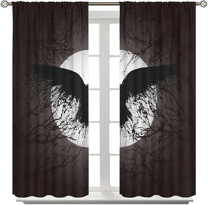 Cool Raven Print Curtains for Bedroom - Vintage Nordic Viking Theme Dead Tree Crow Full Moon Window Drapes,Energy Saving Thermal Insulated Rod Pocket Bedroom Blackout Curtains 2 Panels 63L x 27.5W