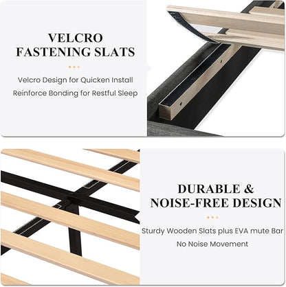 SHA CERLIN King Platform Bed Frame with Upholstered Fabric Headboard, Mattress Foundation with Strong Wooden Slats Support, No Box Spring Needed, Grey