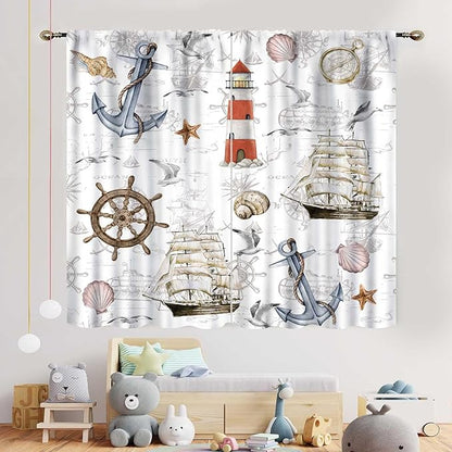Nautical Kitchen Curtains, Vintage Marine Coastal Sailboat Compass Anchor Ocean Beach Lighthouse Watercolor Decorative Drapes for Bedroom Living Room Kitchen Bathroom Window 2 Panels Set, 84"x63" Inch