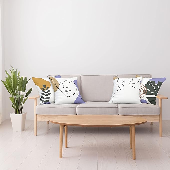 Ambesonne Minimal Throw Pillow Cushion Case Pack of 4, Modern Line Art Woman Portrait with Contemporary Leafy Geometric Details, Modern Accent Double-Sided Digital Printing, 20", Tan Amber Lavender