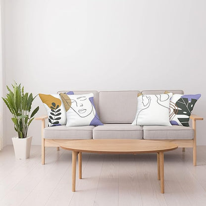 Ambesonne Minimal Throw Pillow Cushion Case Pack of 4, Modern Line Art Woman Portrait with Contemporary Leafy Geometric Details, Modern Accent Double-Sided Digital Printing, 20", Tan Amber Lavender