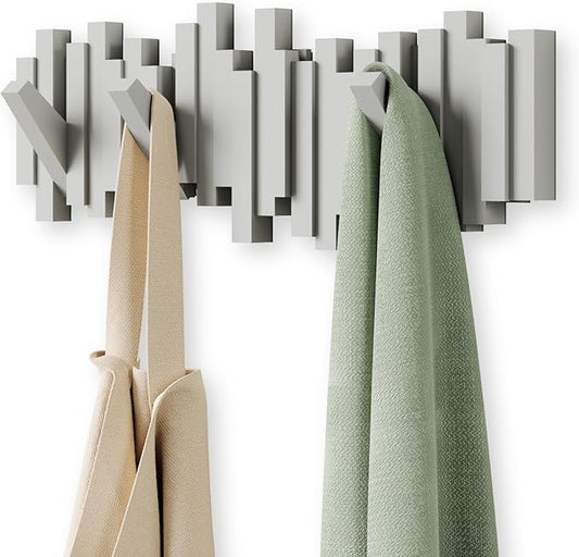 Umbra Sticks Wall-Mounted Coat Rack Rail Hook with 5 Retractable Pegs – Modern, Space-Saving Storage Organizer, Grey