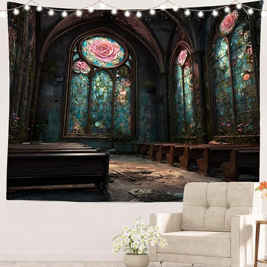 Batmerry Abandoned Chapel Tapestry, Stained Glass Roses Broken Pews Wall Art Hanging Decoration Polyester Fiber White Ruffled Around for Dorm Room Bedroom Living Room, 39.1x59.1 inches