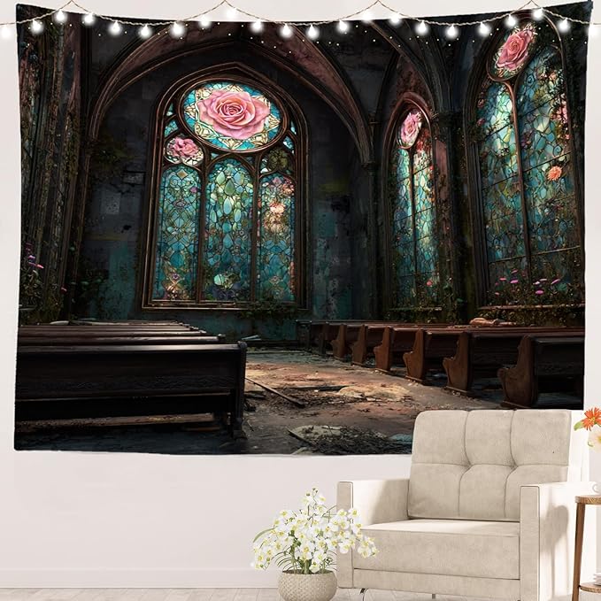Batmerry Abandoned Chapel Tapestry, Stained Glass Roses Broken Pews Wall Art Hanging Decoration Polyester Fiber White Ruffled Around for Dorm Room Bedroom Living Room, 59.1x82.7 inches