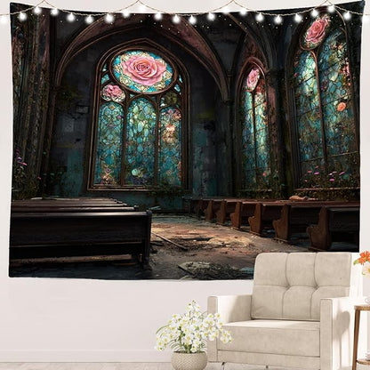 Batmerry Abandoned Chapel Tapestry, Stained Glass Roses Broken Pews Wall Art Hanging Decoration Polyester Fiber White Ruffled Around for Dorm Room Bedroom Living Room, 59.1x82.7 inches