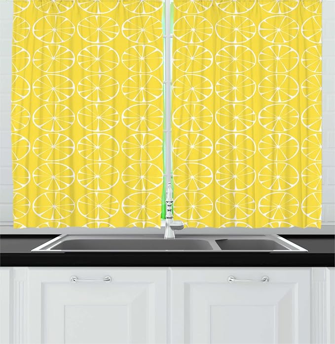 Lunarable Lemon Long Kitchen Curtains, Summer Inspired Pattern with Round Citrus Slices Vitamin Sour Fruit, 2 Panel Set Drapes with Rod Pocket Room Decor, 55" x 45", Pastel Yellow and White