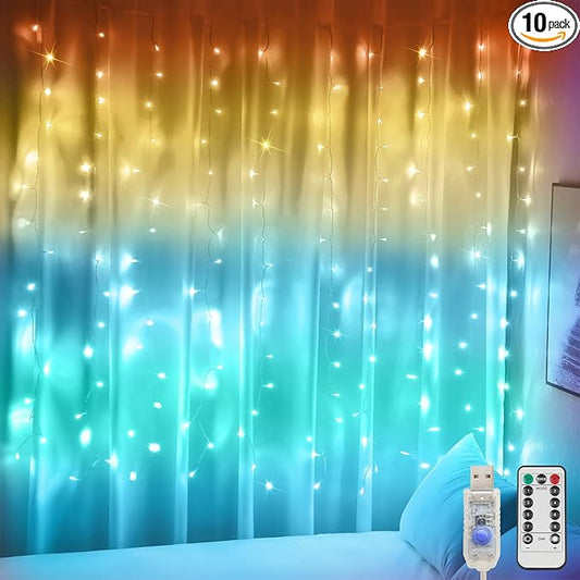 suddus Curtain Lights, 180 Led 6.5 * 5.9ft Sunset Curtain Fairy Lights USB, Hanging Lights for Bedroom, Backdrop, Room Decor, Wall, Window, Party, Tapestry, Multicolor