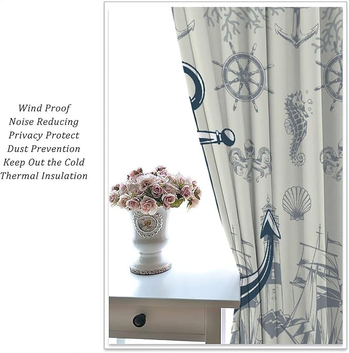 Nautical Anchor Curtains, Vintage Sailboat Ocean Coastal Lighthouse Window Drapes, Navy Blue Coral Shell Seahorse Beach Print Blackout Window Treatments for Living Room Bedroom 63x63in