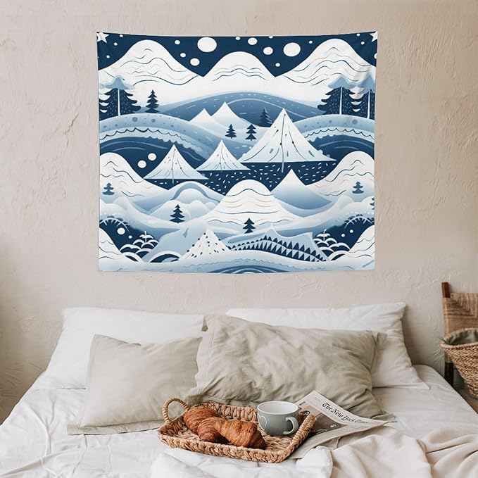 Wall Tapestry Snow Mountain Scandinavian Winter Tapestry Happy New Year Vintage Aesthetic Tapestry Wall Hanging Wall Art for Bedroom Wall Hanging for Room 50"x60" Christmas Family Party