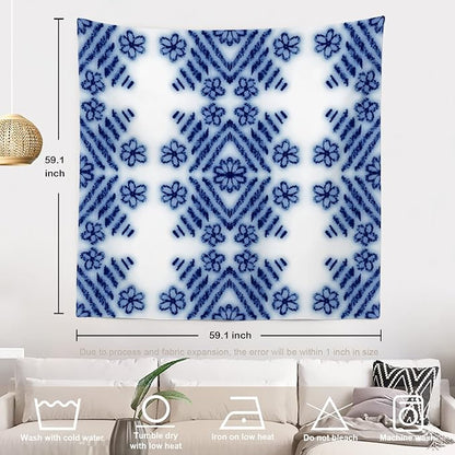 Batmerry Blue Art Flower Tapestry,Blue White Ceramic Glaze Tie Dye Wall Art Hanging Decoration Polyester Fiber White Ruffled Around for Dorm Room Bedroom Living Room, 59.1x59.1 inches