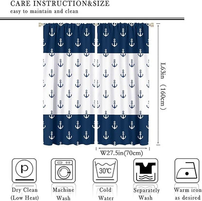 Anchor Pattern Curtains, Nautical Theme Navy Blue White Anchor Sea Life Adventure Print Blackout Window Treatments for Living Room Boys Men's Bedroom 55x63in