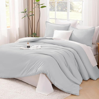 Litanika Light Grey Comforter King Size, 3 Pieces Lightweight Solid Bedding Comforter Set, All Season Fluffy Bed Set (104x90In Comforter & 2 Pillowcases)