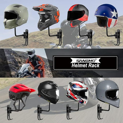 SANGMO 3 Pack 180° Motorcycle Helmet Rack, Rotation Metal Helmet Holder Wall Mount, Helmet Holder Bike with 2 Hooks Helmet Hanger for Motorcycle Bike Coats, Caps, Baseballs, Rugby Helmet(3 Pack)