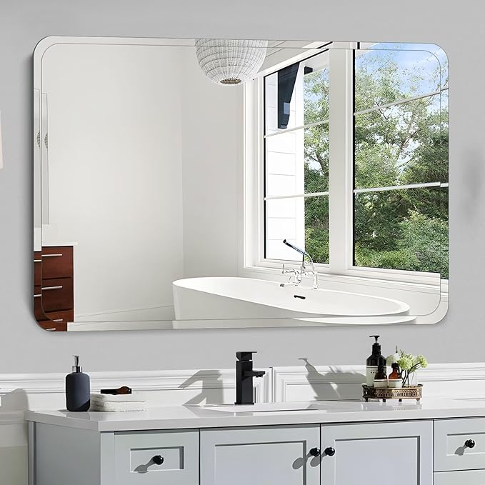 Frameless Bathroom Mirror for Over Sink,Wall Mounted Vanity Mirrors 12x16in,Rounded Rectangle Mirror Frameless with Polished Edge for Bedroom,Living Room,Entryway,Shatterproof (Horizontal/Vertical)