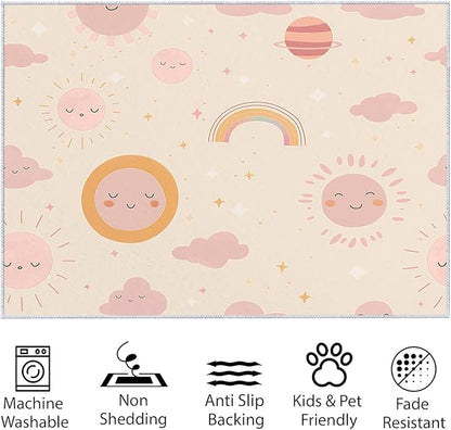 Living Room Area Rug 5x8 ft Cartoon Sun Rainbow Washable Non-Slip Area Rug, 3D Print Low-Pile Carpet for Bedroom, Kids Room, Nursery, Home Decor Rugs