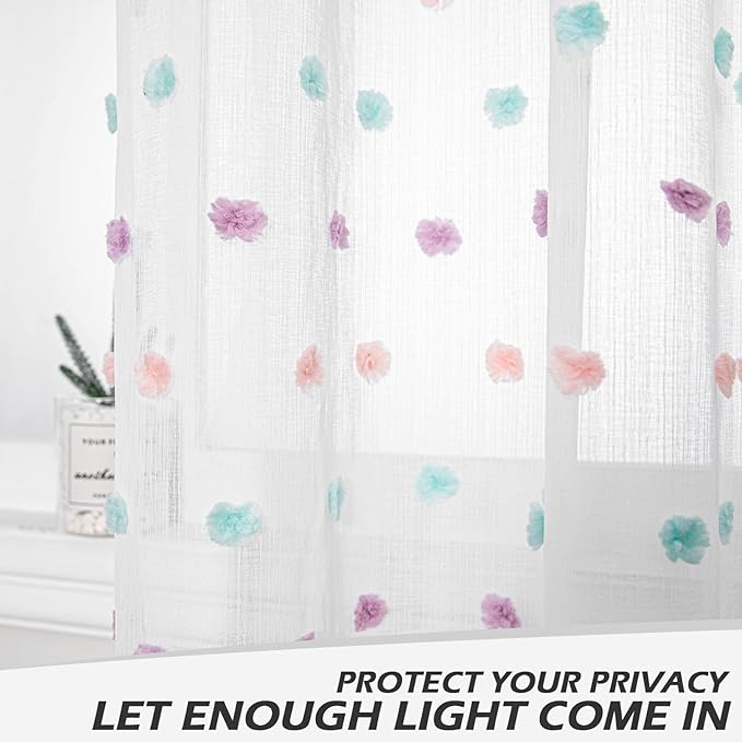 MYSKY HOME Pom Pom Sheer Curtains for Girls' Bedroom and Nursery - Rainbow 72 Inch Long Door Curtains with Rod Pocket - Semi-Transparent, Light Filtering - 52 x 72 Inch, 2 Panels