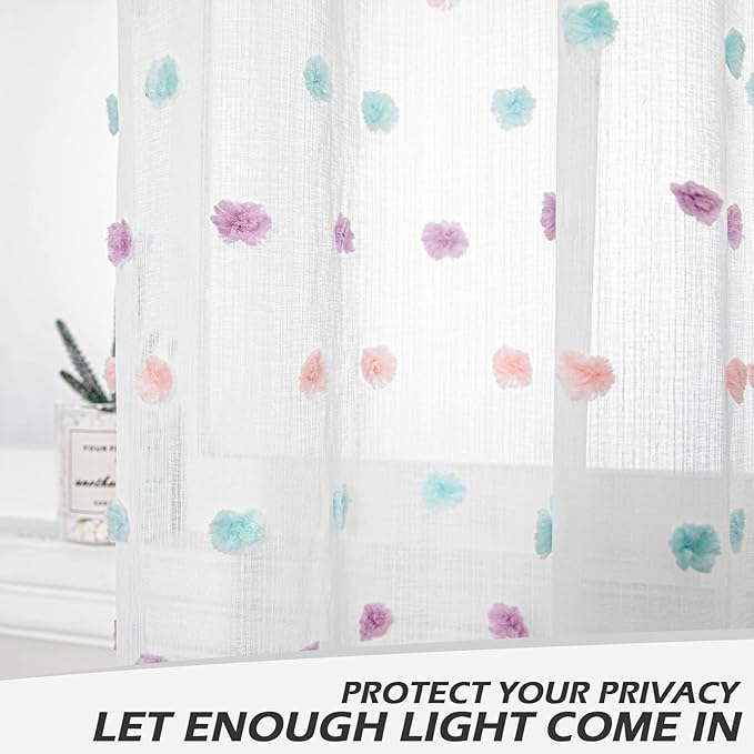 MYSKY HOME Rainbow Pom Pom Curtains for Living Room Light Filtering 84 Inch Long Bedroom Curtains for Nursery Girls Kids Room Rod Pocket Bohemian Voile Window Drapes 52 x 84 inch 2 Panels