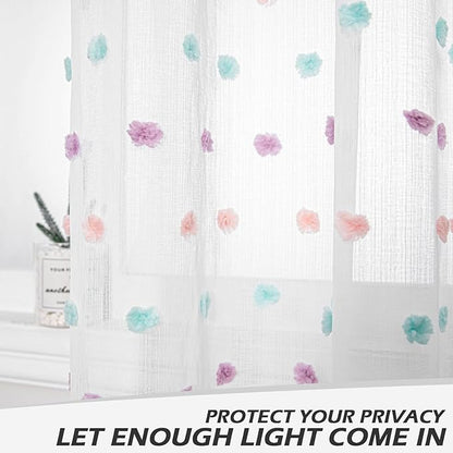 MYSKY HOME Pom Pom Curtains for Girls Bedroom Rainbow Nursery Curains for Boys Kids Room Colorful White Sheer Curtains for Living Room Playroom Rod Pocket Window 52" x 63" Set of 2