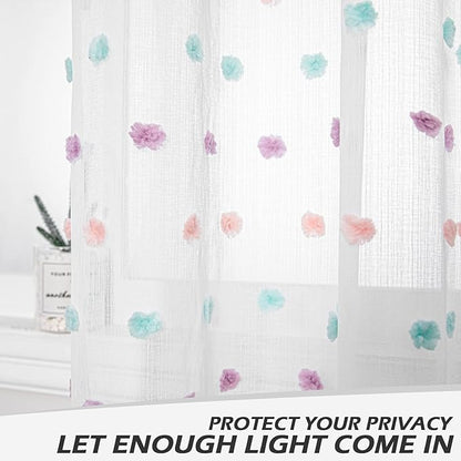 MYSKY HOME Short Curtains for Bedroom Rainbow Pom Pom Sheer Curtains Kitchen Bathroom 54 Inches Long Curtains Nursery Boys Kids Room Rod Pocket 2 Panels Small Window 38" x 54"
