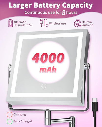 Rechargeable Wall Mounted Makeup Mirror with Lights, 4000mAh Double Sided 1X/10X Magnifying Vanity Mirror with 3 Color Lights, Touch Dimmable, 360° Extension Foldable Arm (Chrome)