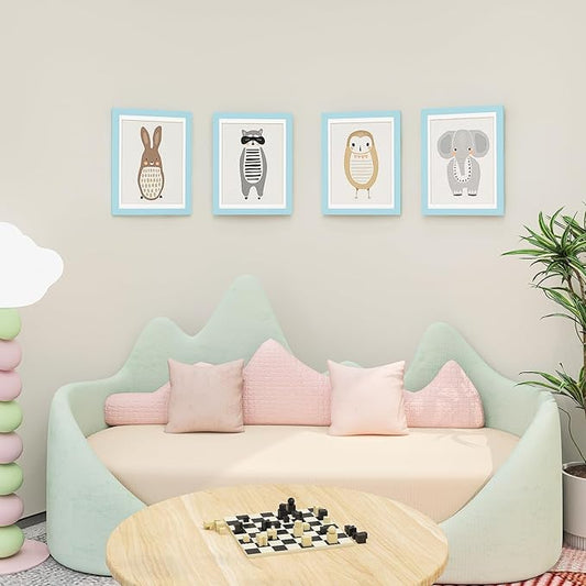 KINLINK 9x12 Kids Art Frames Set of 2, Solid Wood Kids Artwork Frames Changeable with Acrylic Front Opening Holds 150 Pictures, Art Frame for Kids Artwork with Mat or without Mat, Light Blue