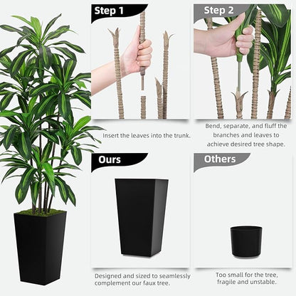 Artificial Dracaena Tree 6FT - Faux Tree with Gray Tall Planter - Fake Tropical Yucca Floor Plant in Pot - Artificial Silk Tree for Home Office Living Room Decor Indoor
