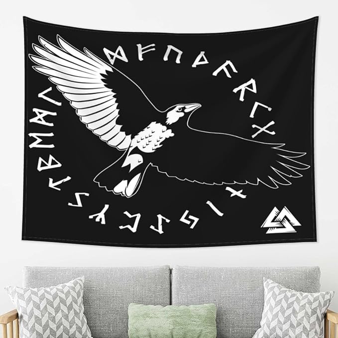 Gizmac Viking Black Crow Scandinavian Runes Room Tapestry Bedroom Living Room Decor Tapestry(80x60 Inches)