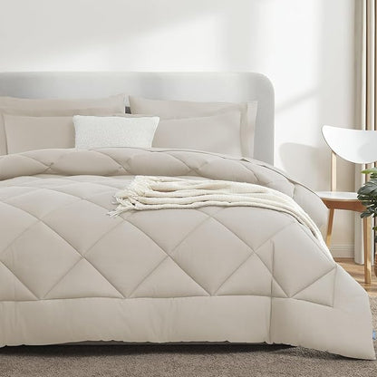 CozyLux King Size Comforter Set Beige - 7 Pieces Bed in a Bag King, Luxury Soft Bed Set for All Seasons, Bedding Set with Down Alternative Comforter, Sheets, Pillowcases & Shams