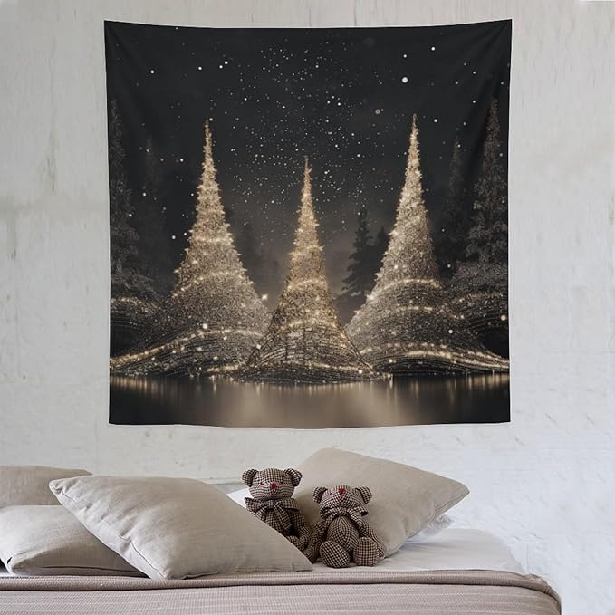 MaSiledy Wall Tapestry Silver Lighted Christmas Trees Tapestry Christmas Holiday Vintage Aesthetic Tapestry Wall Hanging Wall Hanging Decor Tapestry for Bedroom Aesthetic Alt Room 60"x60"