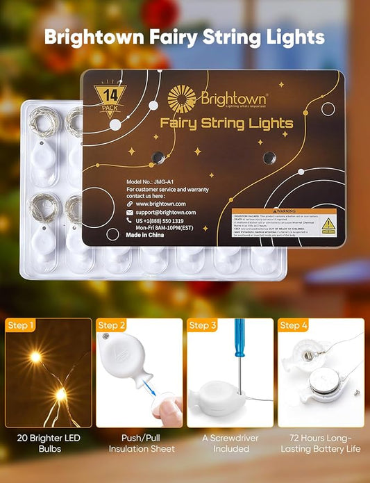 Brightown 14 Pack Warm White and White LED Fairy Lights Battery Operated String Lights, 7ft 20LED Waterproof Silver Wire String Lights, Firefly Starry Moon Lights for Mason Jars DIY Christmas Wedding