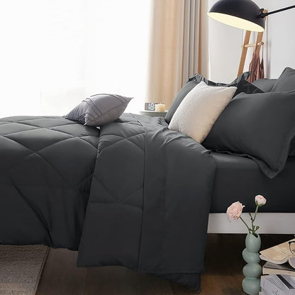 CozyLux Oversized King Comforter Set Dark Grey, 7 Pieces Bed in a Bag Comforter Set with Sheets Luxury Bed Set for All Seasons, Bedding Set with Down Alternative Comforter, Sheets, Pillowcases & Shams