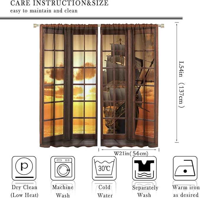 Retro Ship Curtains, Window View Sailing Boat Ship Schooner, Nautical Style Ocean Sunset Landscape Print Blackout Window Drapes for Boys Bedroom Living Room 42x54 Inch