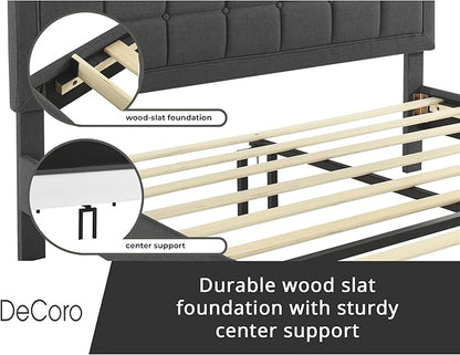 Decoro Mornington Upholstered 2.0 Platform Bed, Button-Tufted Fabric Headboard and Metal Frame with Wood Slat Support, Dark Grey, Queen