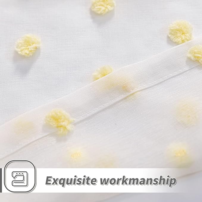 MYSKY HOME Yellow Curtains for Girls Bedroom Nursery Pom Pom Curains for Boys Girls Kids Room White Sheer Curtains for Living Room Playroom Rod Pocket Window 52" x 63" Set of 2