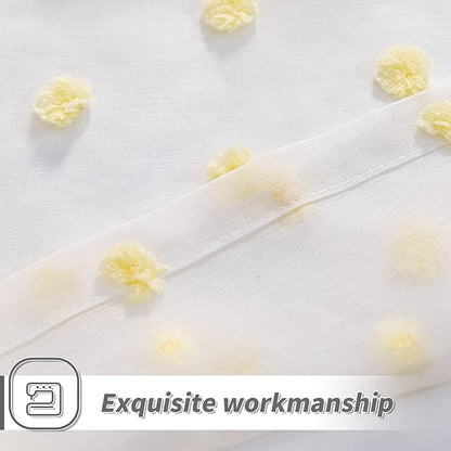 MYSKY HOME Yellow Curtains for Girls Bedroom Nursery Pom Pom Curains for Boys Girls Kids Room White Sheer Curtains for Living Room Playroom Rod Pocket Window 52" x 63" Set of 2