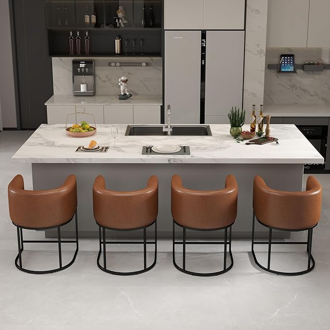 Modern Counter Height PU Leather Upholstered Bar Stools Set of 4, 24" Kitchen Counter Island Stools Bar Chairs with Black Metal Frame, Brown