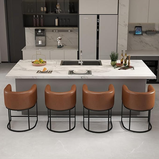 Modern Counter Height PU Leather Upholstered Bar Stools Set of 4, 24" Kitchen Counter Island Stools Bar Chairs with Black Metal Frame, Brown
