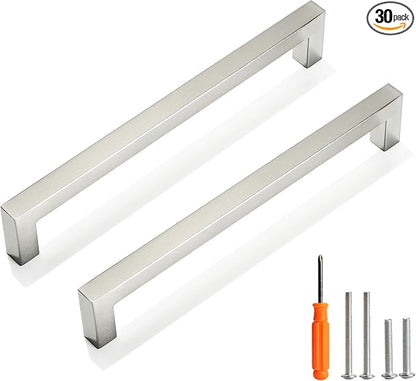 Cabinet Pulls Brushed Nickel Cabinet Handles Square Drawer Pulls, 30 Pack 7-1/2 Inch Stainless Steel Kitchen Door Cupboard Cabinet Handles, Cabinet Hardware Drawer Handles, 192mm Hole Centers