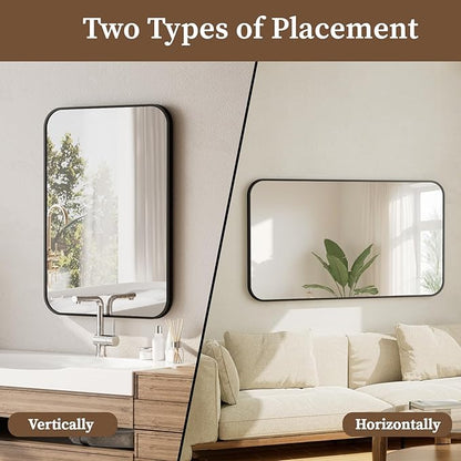 BEAUTYPEAK Black Rectangular Bathroom Mirror - 30" x 40" Wall Mounted Aluminum Alloy Frame Mirror with Rounded Corners for Bedroom Living Room, Horizontal or Vertical