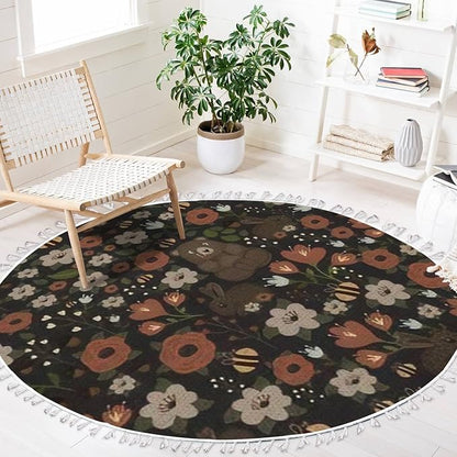Round Rugs Bear Forest Bunny Rabbit Furry Animals Watercolor Flowers Scandinavian Boho Area Rug Linen and Cotton Carpet Meditation Rug Washable Hallway Runner Mat Accent Rug for Bedroom Bathroom 4ft