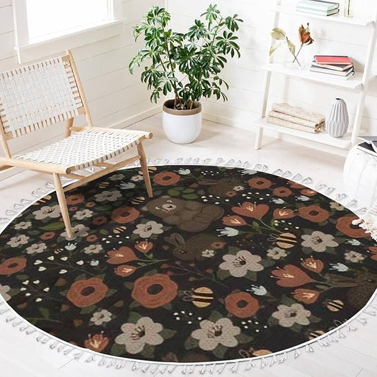 Round Rugs Bear Forest Bunny Rabbit Furry Animals Watercolor Flowers Scandinavian Boho Area Rug Linen and Cotton Carpet Meditation Rug Washable Hallway Runner Mat Accent Rug for Bedroom Bathroom 4ft