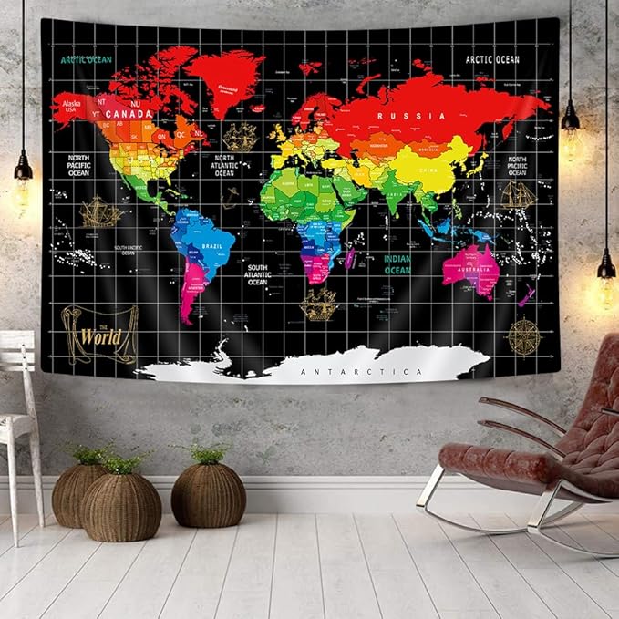 World Map Tapestry, Black Map World Vintag Topography Educational Wall Art Tapestries，Asia Europe South City Topography America Africa Japan Tapestry Wall Hanging 71X60 Inch