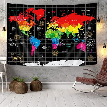 World Map Tapestry, Black Map World Vintag Topography Educational Wall Art Tapestries，Asia Europe South City Topography America Africa Japan Tapestry Wall Hanging 40X30 Inch